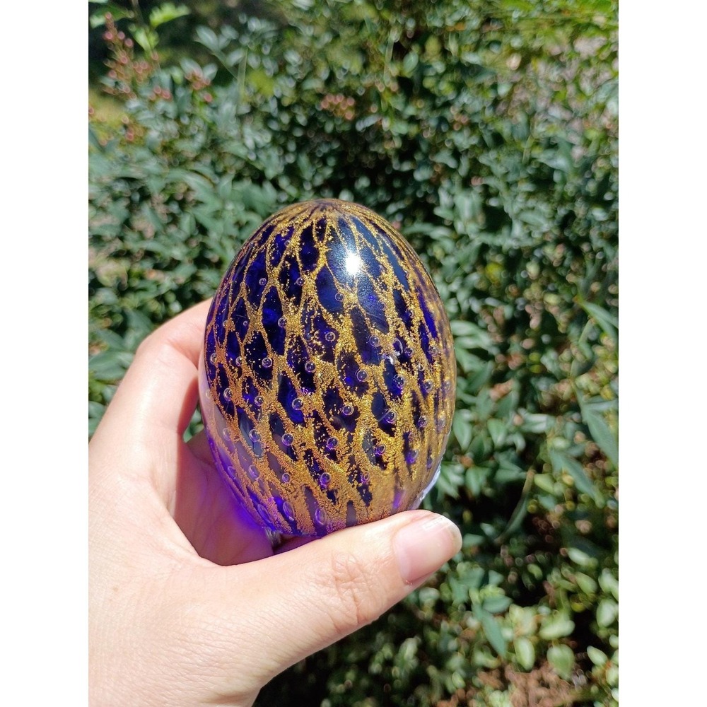 Murano Glass Egg Paperweight Cobalt Blue Gold Lattice Net Aventurine 3.5"